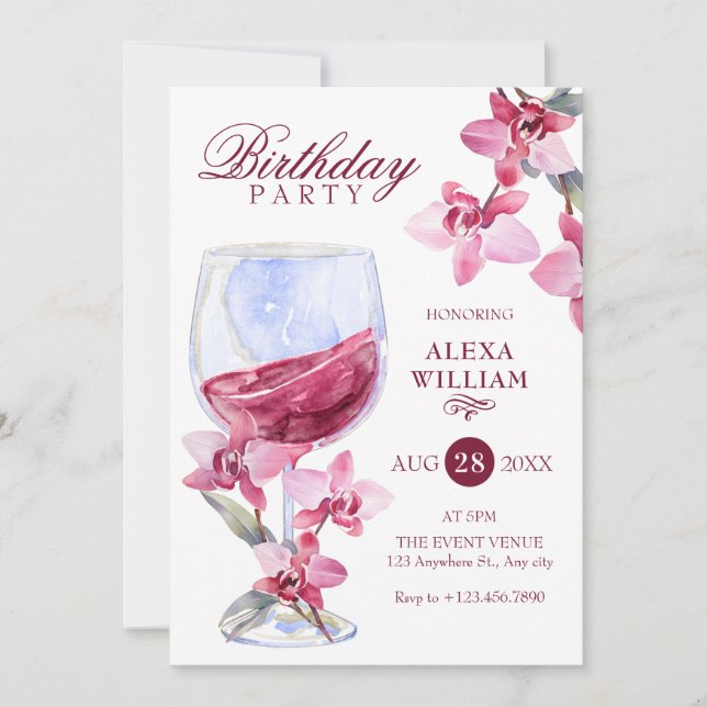 Floral orchid wine watercolor birthday party invitation (Front)