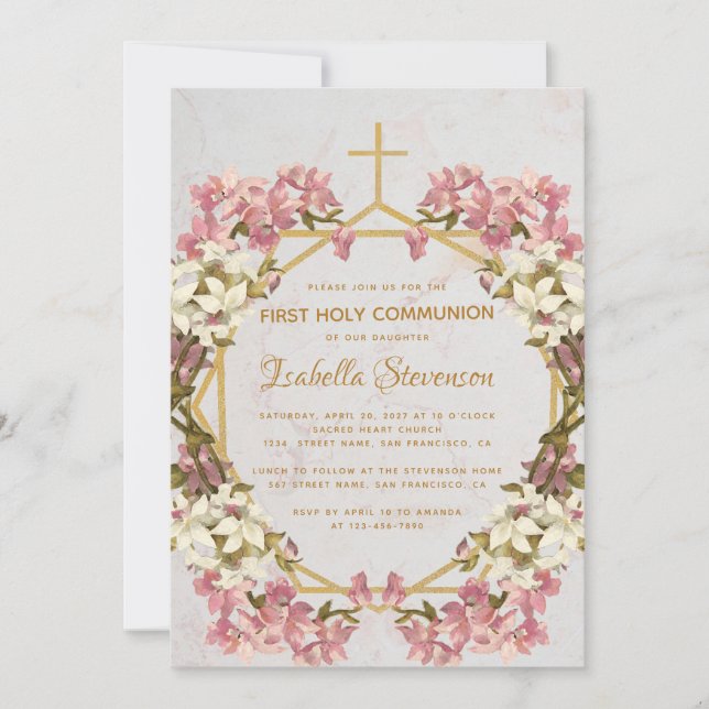 Floral Orchids Marble Gold First Holy Communion Invitation (Front)