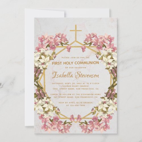 Floral Orchids Marble Gold First Holy Communion Invitation