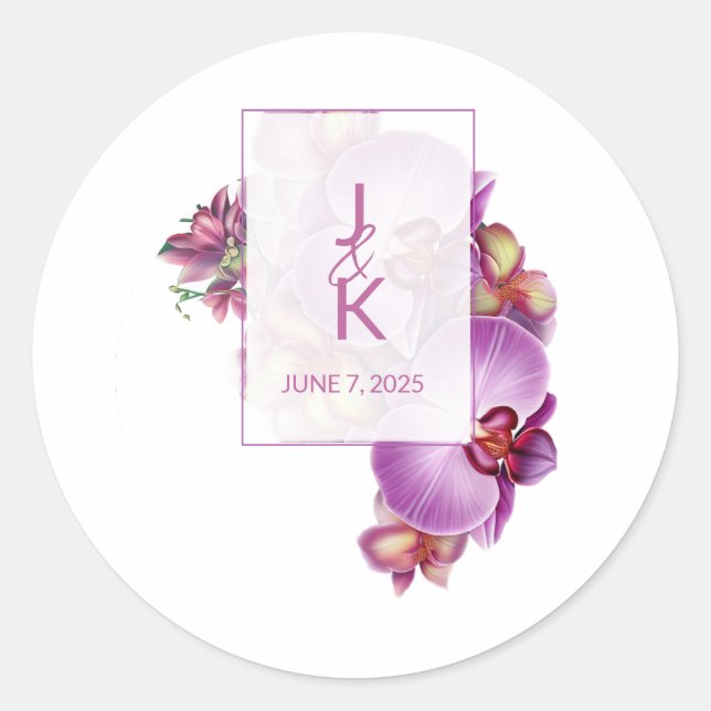 Floral Orchids Wedding  Classic Round Sticker (Front)