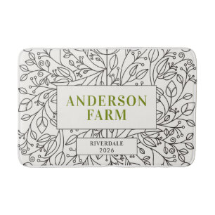 Floral Ornament Family Name, Black and White Bath Mat