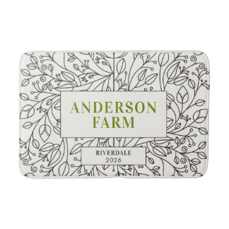 Floral Ornament Family Name, Black and White Bath Mat