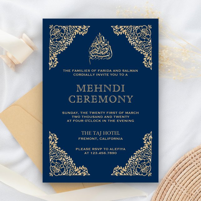 Floral Ornate Blue and Gold Islamic Muslim Mehndi Enclosure Card (Creator Uploaded)