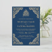 Floral Ornate Blue and Gold Islamic Muslim Wedding Invitation (Standing Front)