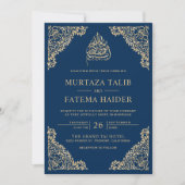 Floral Ornate Blue and Gold Islamic Muslim Wedding Invitation (Front)