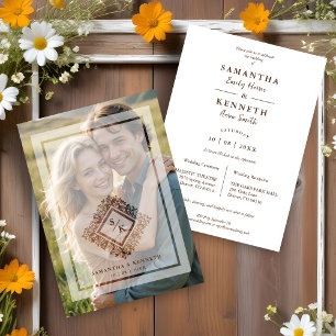 Floral Ornate Frame Diamond Shape Wedding Initials Invitation