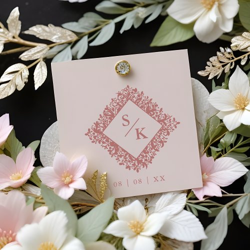 Floral Ornate Frame Diamond Shape Wedding Initials Rubber Stamp