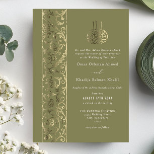 Floral Ornate Olive Green Gold Islamic Wedding Foil Invitation