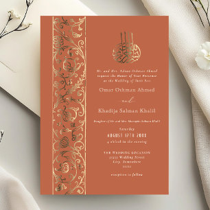 Floral Ornate Orange and Gold Islamic Wedding Foil Invitation