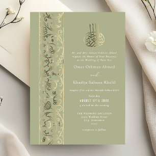 Floral Ornate Sage Green Gold Islamic Wedding Foil Invitation