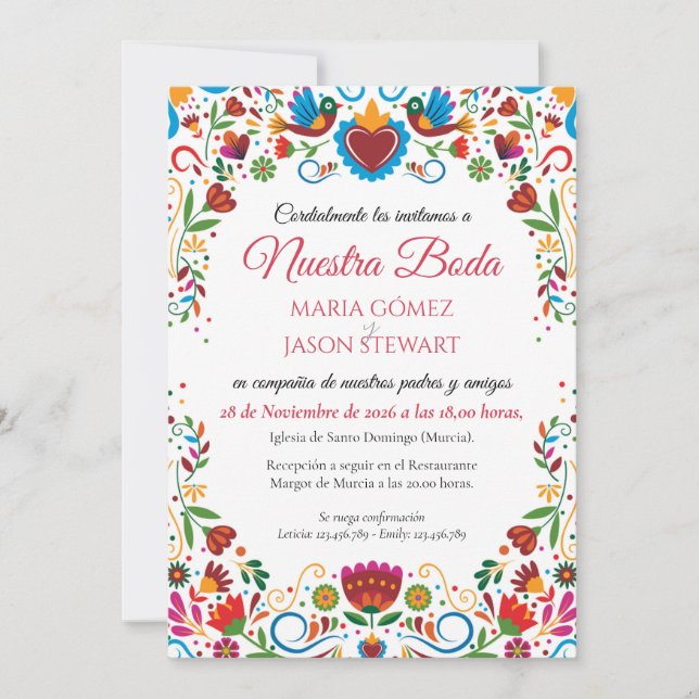 Floral Otomi Colorful Fiesta Spanish Wedding Invitation (Front)