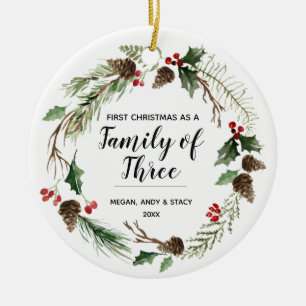 Floral Our First Christmas as a Family of Three Ceramic Ornament