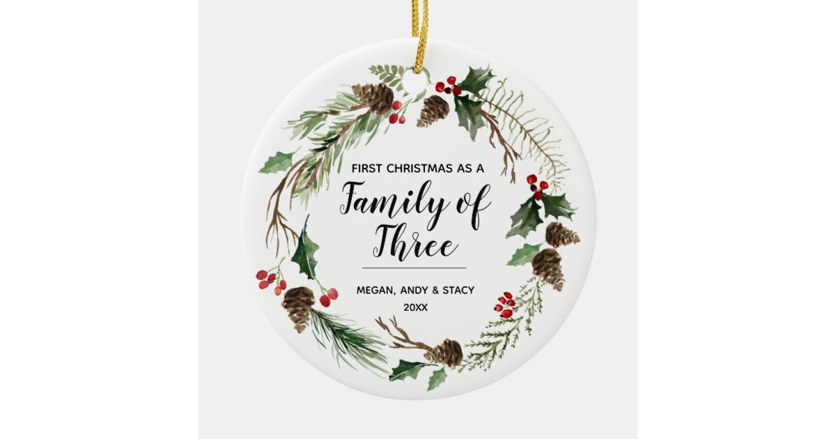 Floral Our First Christmas as a Family of Three Ceramic Ornament | Zazzle