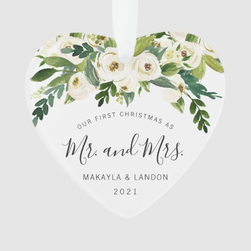 Floral Our First Christmas as Mr. and Mrs. Photo Ornament