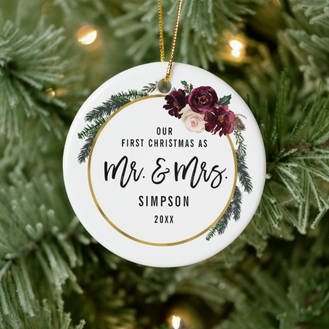 Floral Our First Christmas As Mr & Mrs Photo Ceramic Ornament (Tree)