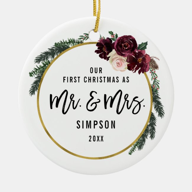 Floral Our First Christmas As Mr & Mrs Photo Ceramic Ornament