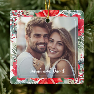 Floral Our First Christmas Engaged Photo Ornament