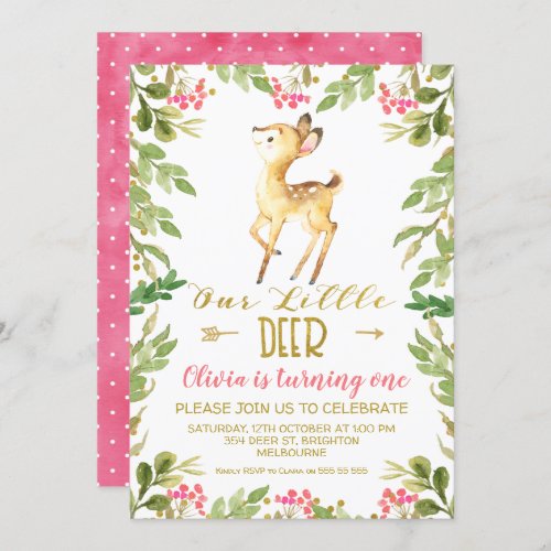 Floral Our Little Deer Birthday Party Invitation