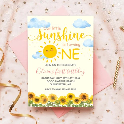 Floral Our Little Sunshine 1st Birthday Sunflower Invitation