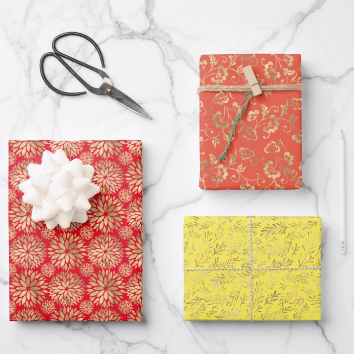 Floral outdoor nature patterns red orange yellow wrapping ...