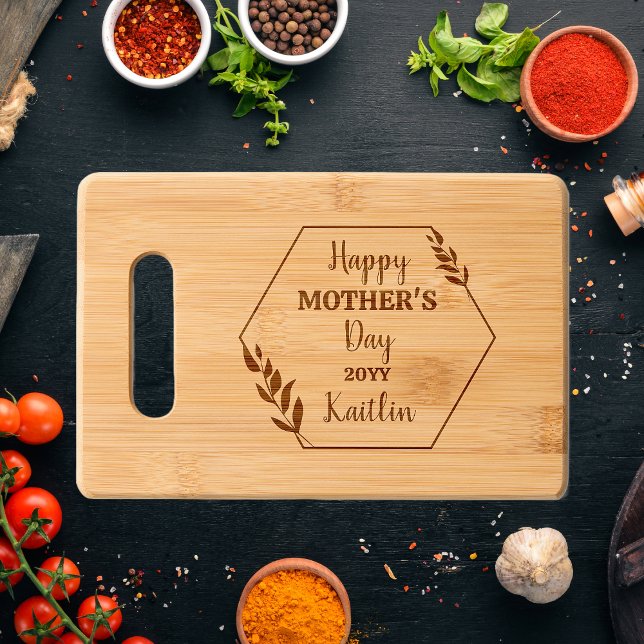 Floral Outline Wreath Happy Mother's Day | Year Engraved Cutting Board (Leaves and Vines Wreath Design - Best Wife Ever - Spouse's Name | Year Bamboo Engraved Cutting Board)