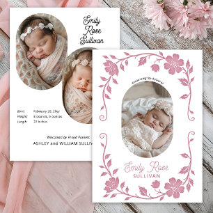 Floral Oval Photo Baby Girl Birth  Letterpress Photo Cards