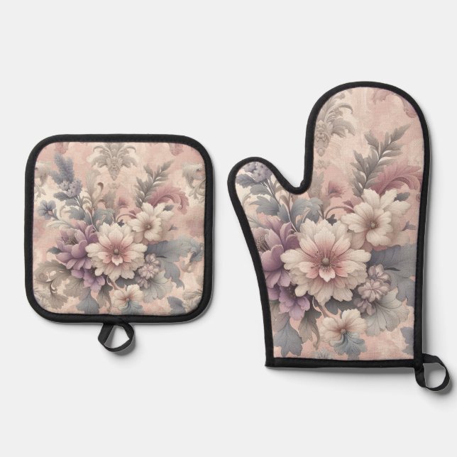 Floral Oven Gloves Mitt & Pot Holder Set (Front)