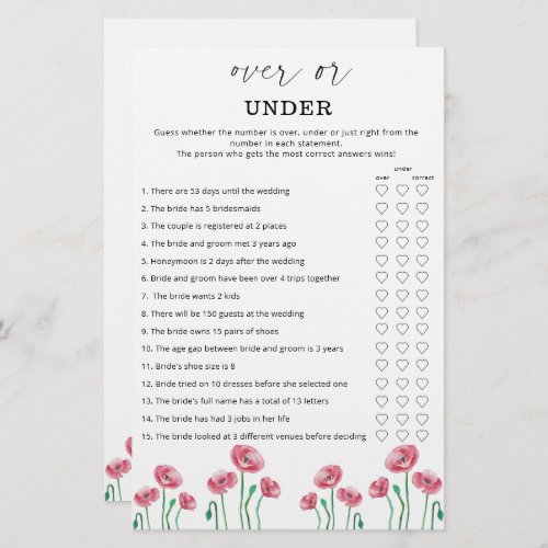 Floral over or under bridal shower game