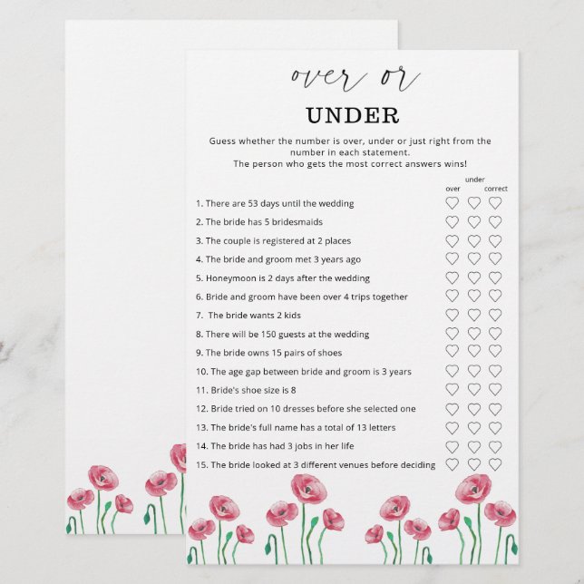 Floral over or under bridal shower game (Front/Back)