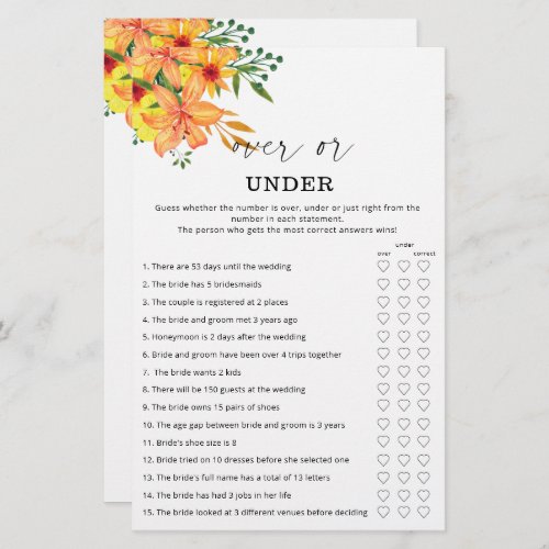 Floral over or under bridal shower game