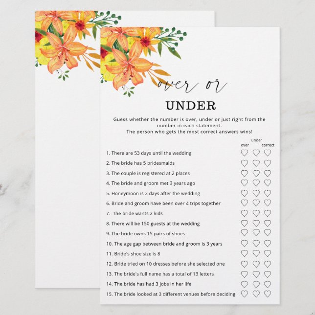 Floral over or under bridal shower game (Front/Back)