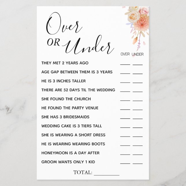 Floral Over or Under Bridal shower game card Flyer (Front)