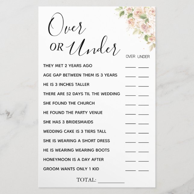Floral Over or Under Bridal shower game card  Flyer (Front)