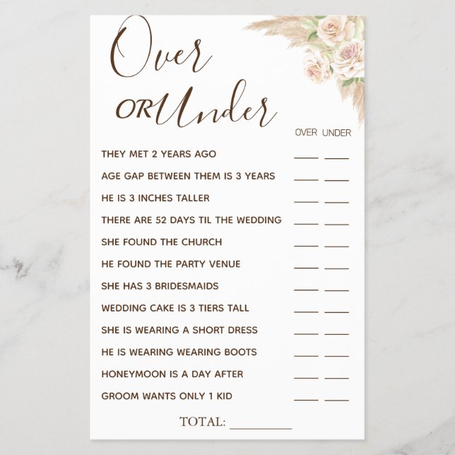Floral Over or Under Bridal shower game card Flyer (Front)