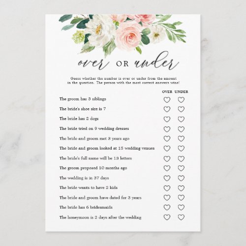 Floral Over over Under Bridal Shower Game Cards