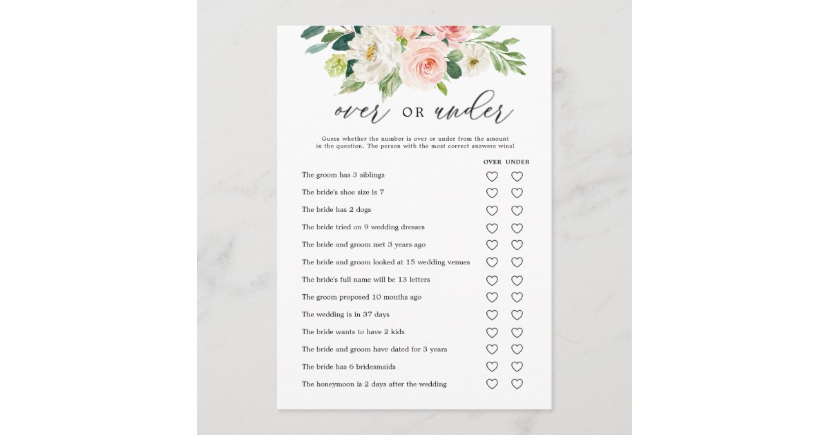 Floral Over over Under Bridal Shower Game Cards