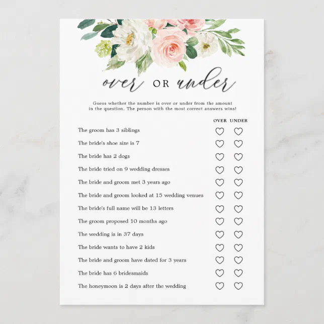 Floral Over over Under Bridal Shower Game Cards | Zazzle