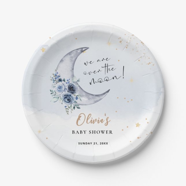 Floral Over The Moon Baby Shower Paper Plates (Front)