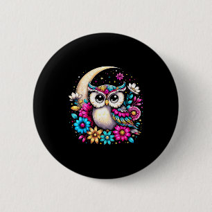 Floral Owl And Moon  Button