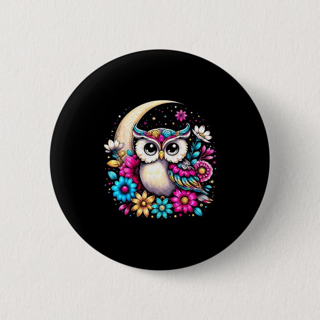 Floral Owl And Moon  Button (Front)