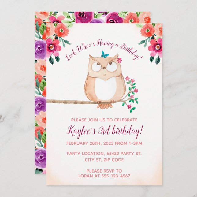 Floral Owl Kids Birthday Invitation (Front/Back)