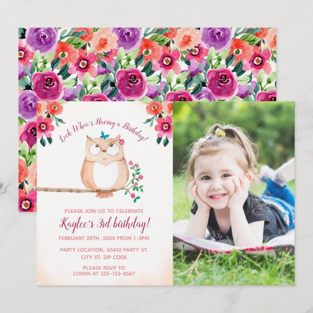Floral Owl Photo Birthday Invitation (Front/Back)