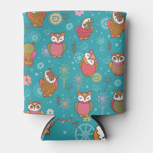 Floral Owls Hand Drawn Seamless Can Cooler
