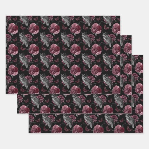 Floral Owls with Butterflies on Black Wrapping Paper Sheets