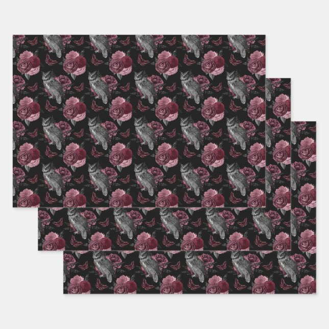 Floral Owls with Butterflies on Black Wrapping Paper Sheets (Set)