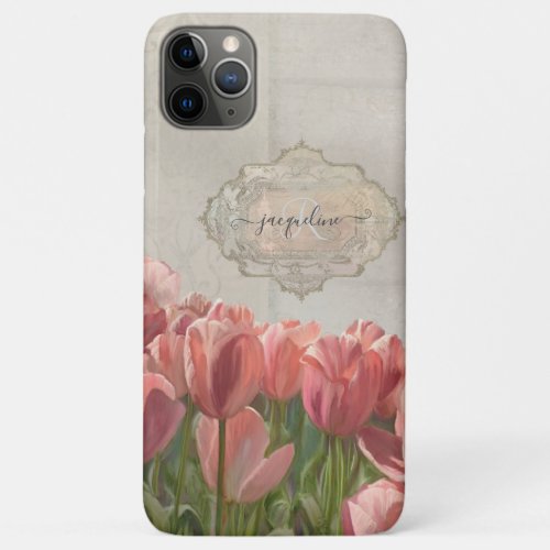 Floral Painted Coral Pink Tulips Vintage Wood iPhone 11 Pro Max Case