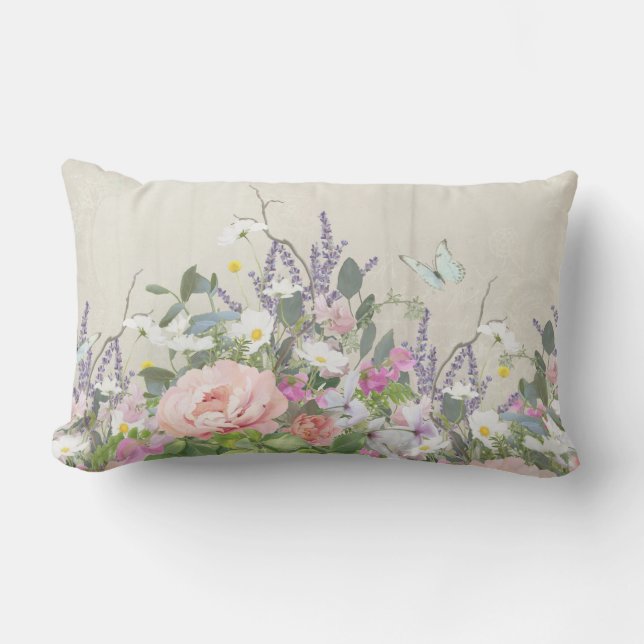 Floral Painted Pink Peony Butterflies Rustic Wood Lumbar Pillow (Front)