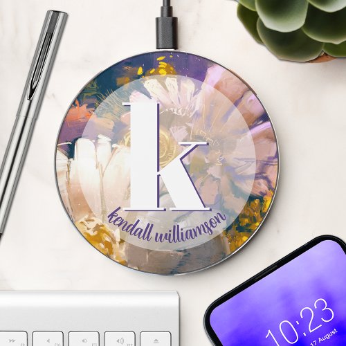 Floral Painting Name and Monogram Wireless Charger