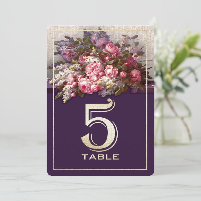 Floral Painting Plum Gold  Party Table Number Card (Standing Front)