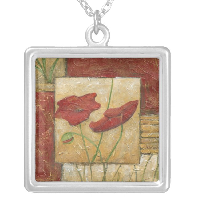 Floral Painting with Visible Brush Strokes Silver Plated Necklace (Front)